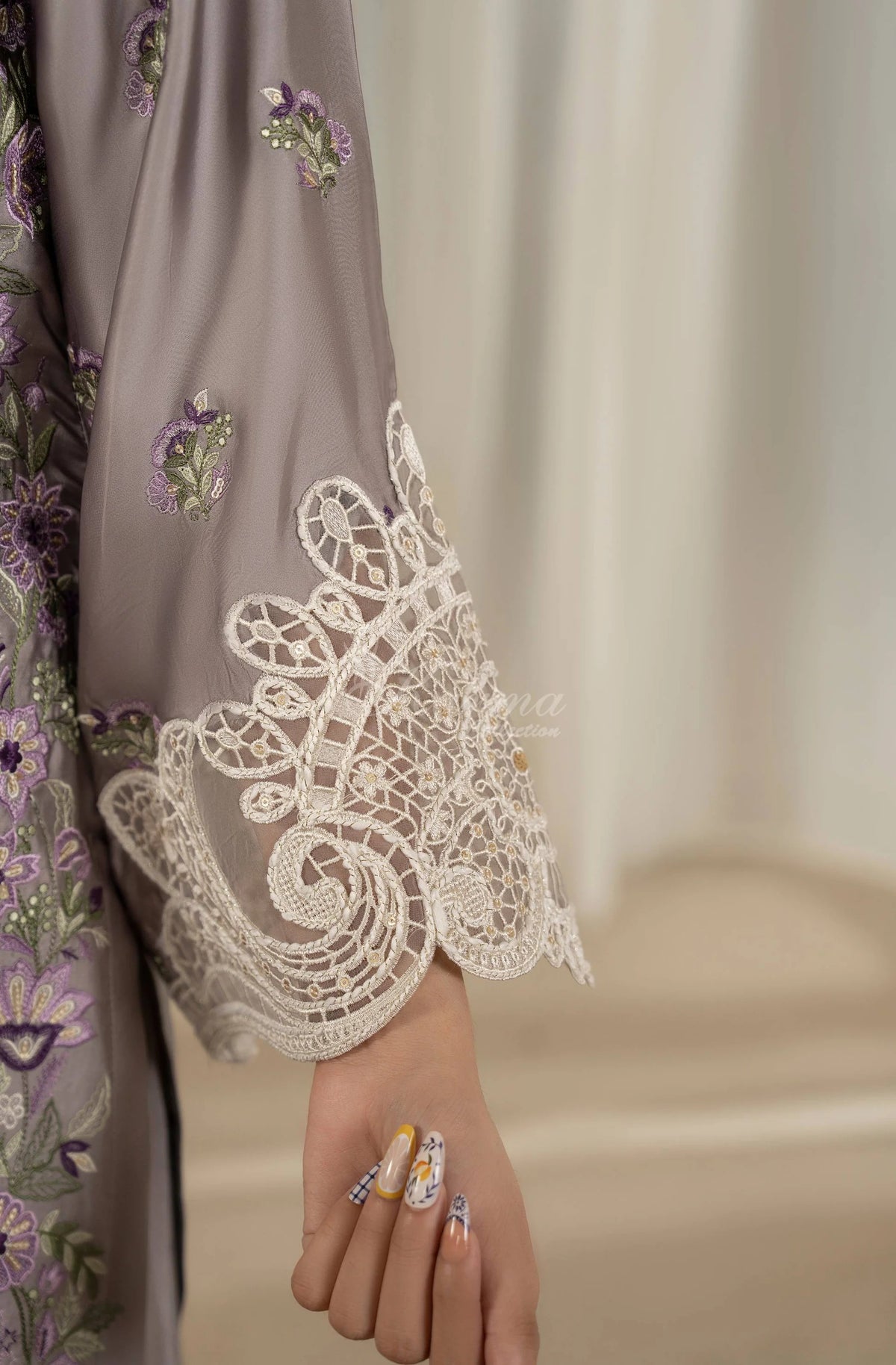 Lavender Grey Floral Embroidered Shamoz Silk 3PC Suit