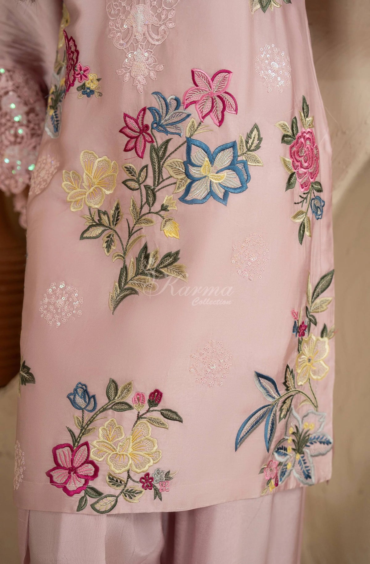 Blush Pink Floral Embroidered Shamoz Silk 3PC Suit