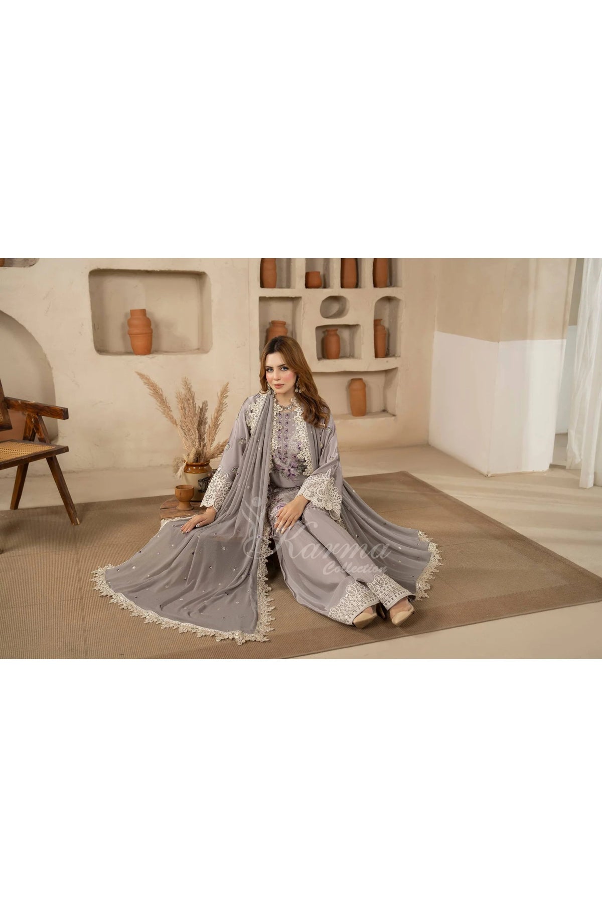 Lavender Grey Embroidered Shamoz Silk 3PC Suit