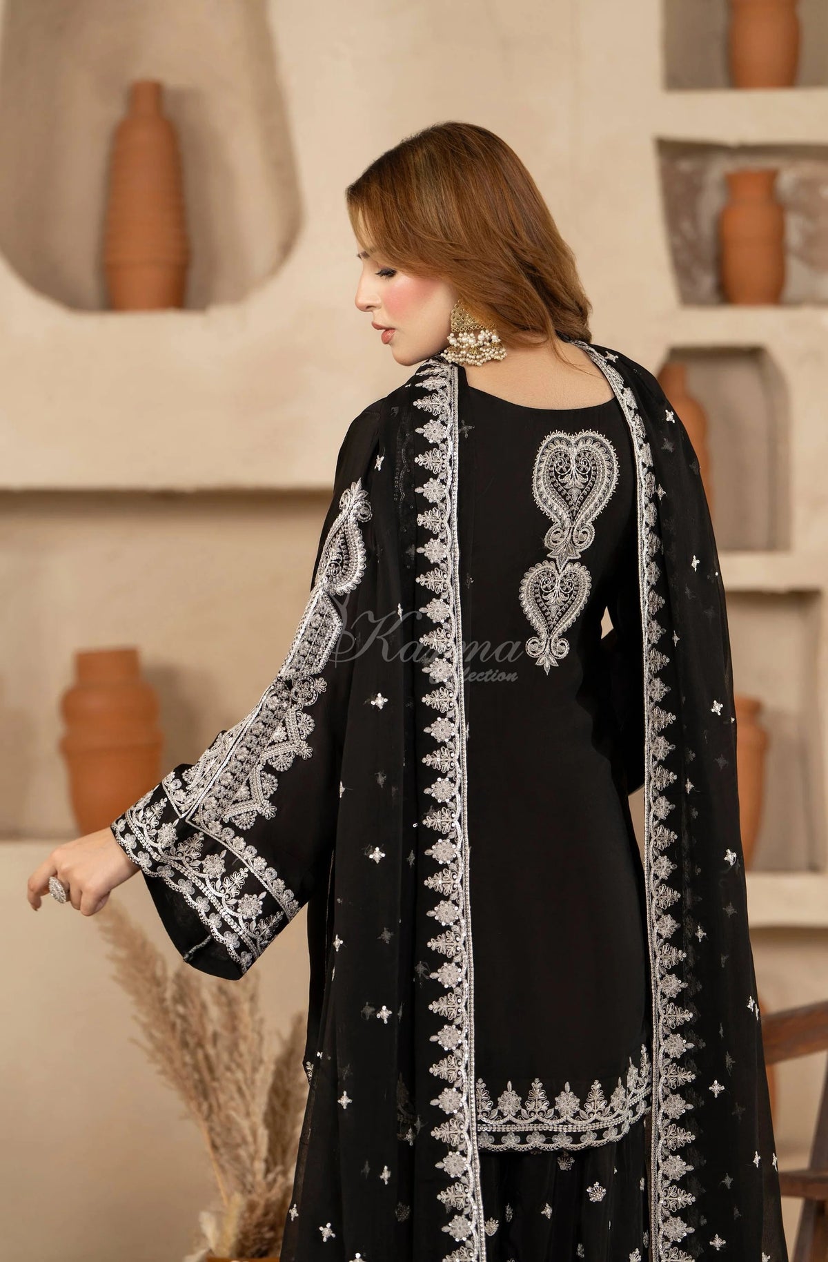 Black Embroidered Shamoz Silk 3PC Suit