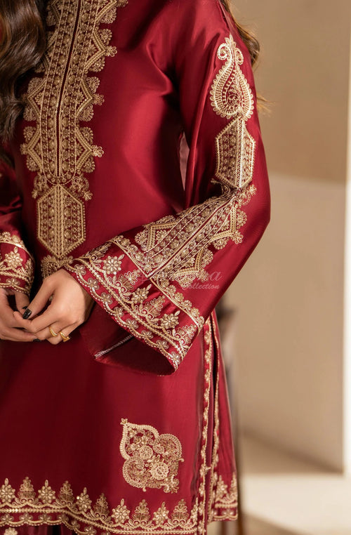 Maroon Embroidered Shamoz Silk 3PC Suit