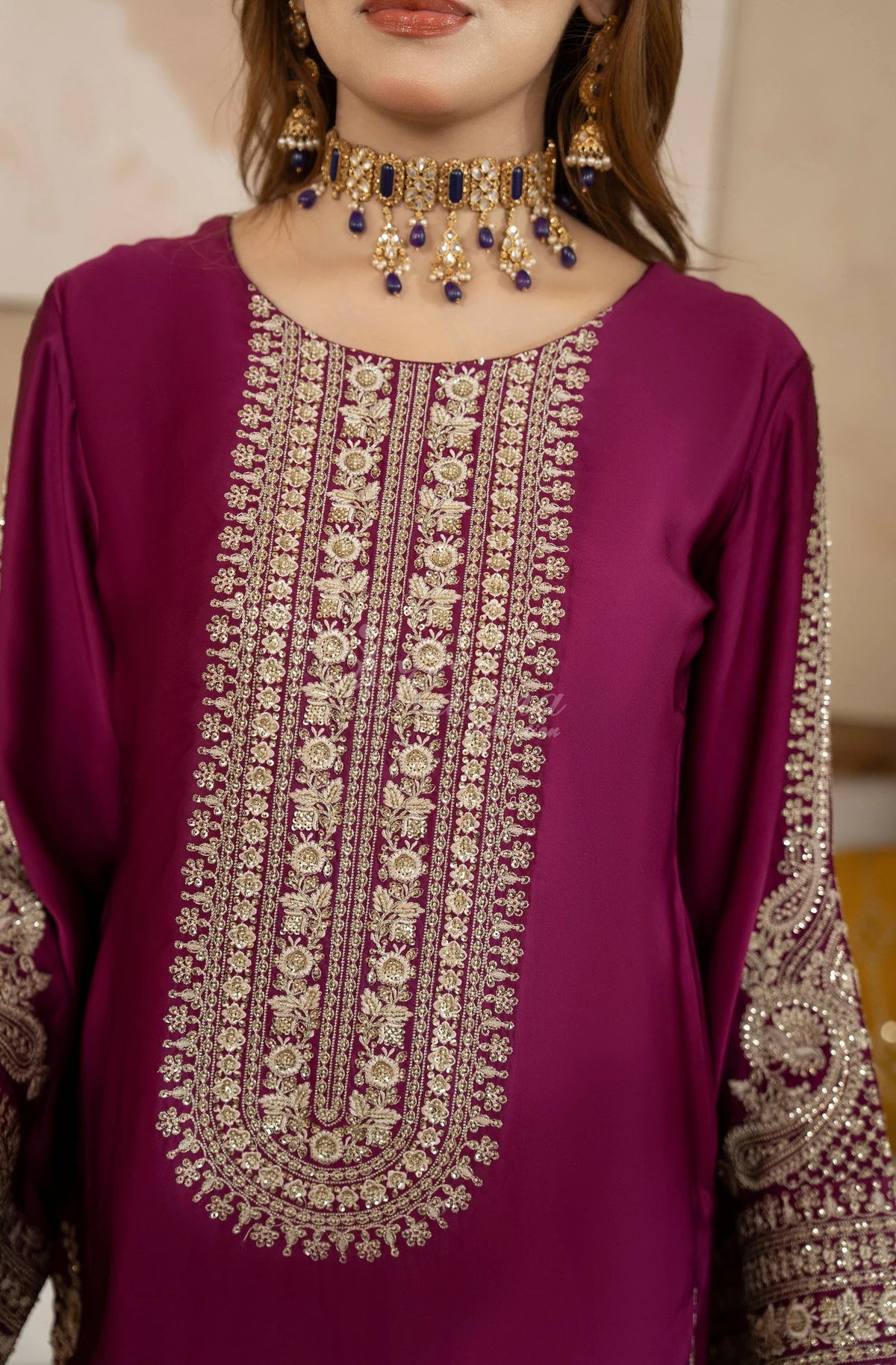 Plum Embroidered Shamoz Silk 3PC Suit