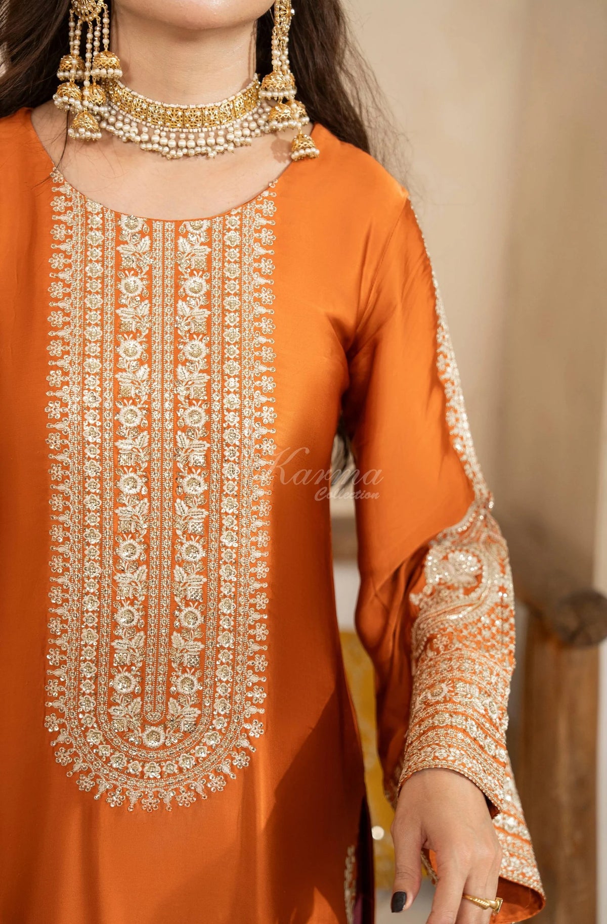 Burnt Orange Embroidered Shamoz Silk 3PC Suit