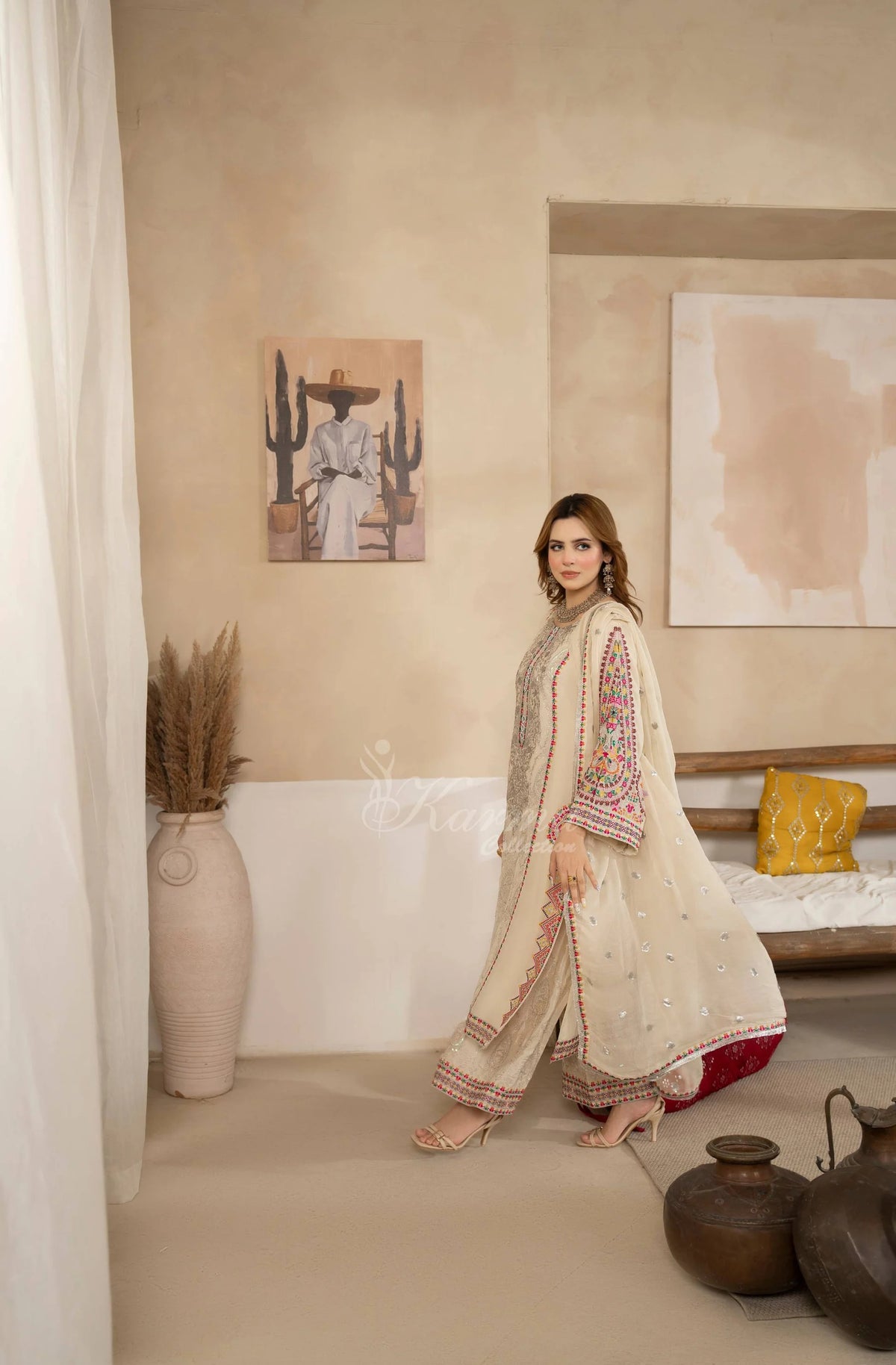 Ivory Elegance - Embroidered Shamoz Silk 3PC Suit