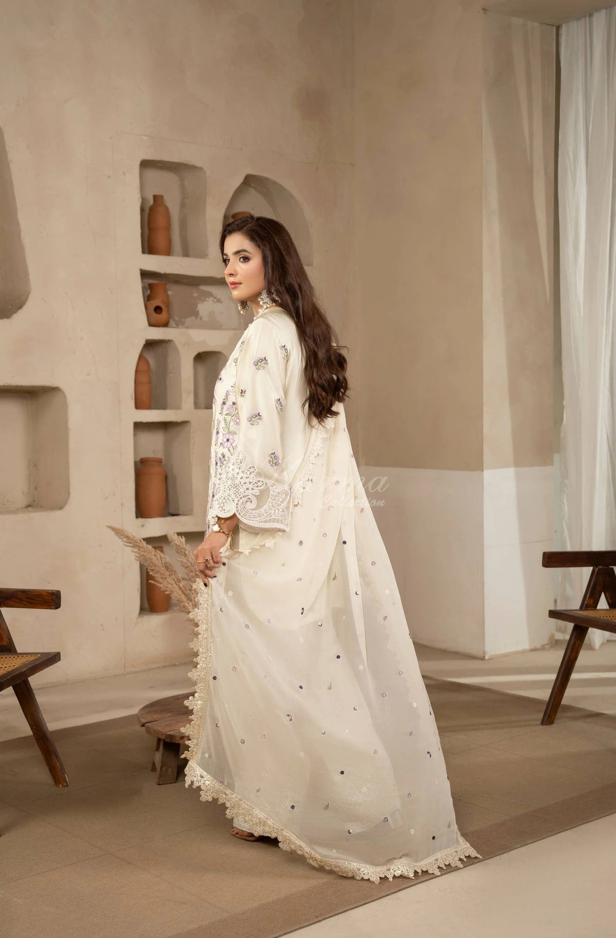 Ivory Floral Embroidered Shamoz Silk 3PC Suit