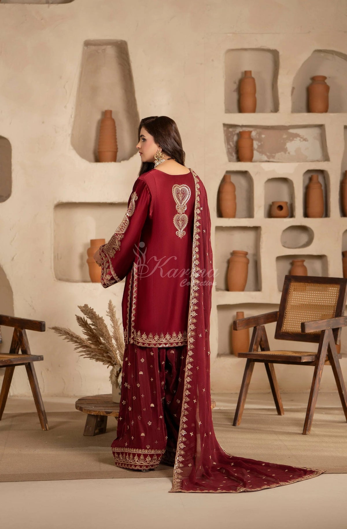Maroon Embroidered Shamoz Silk 3PC Suit