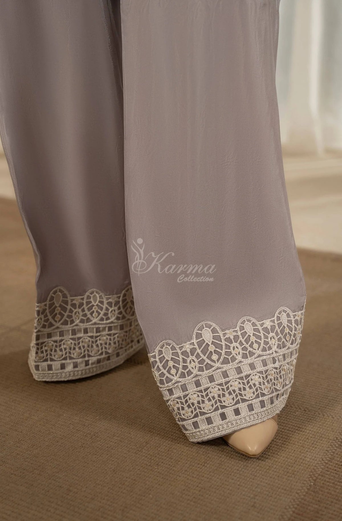 Lavender Grey Floral Embroidered Shamoz Silk 3PC Suit