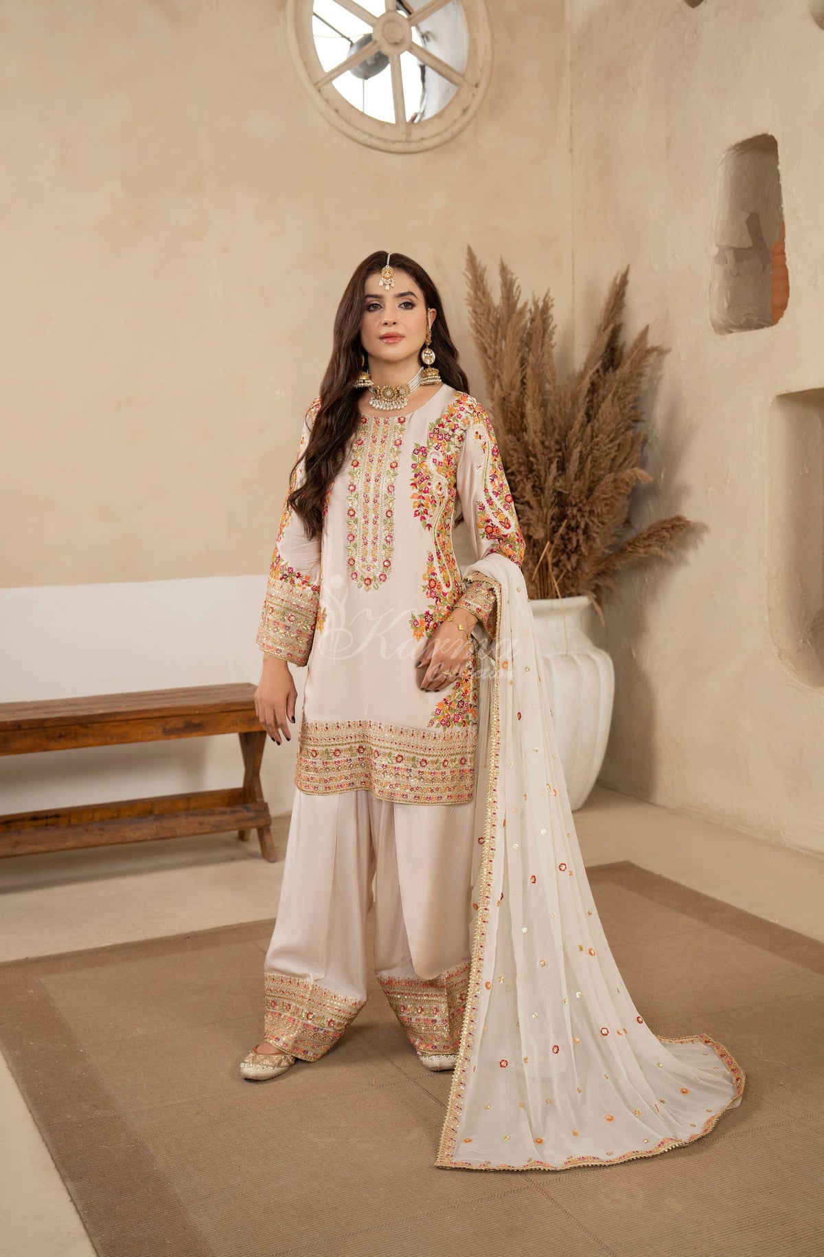 Ivory Floral Embroidered Shamoz Silk 3PC Suit