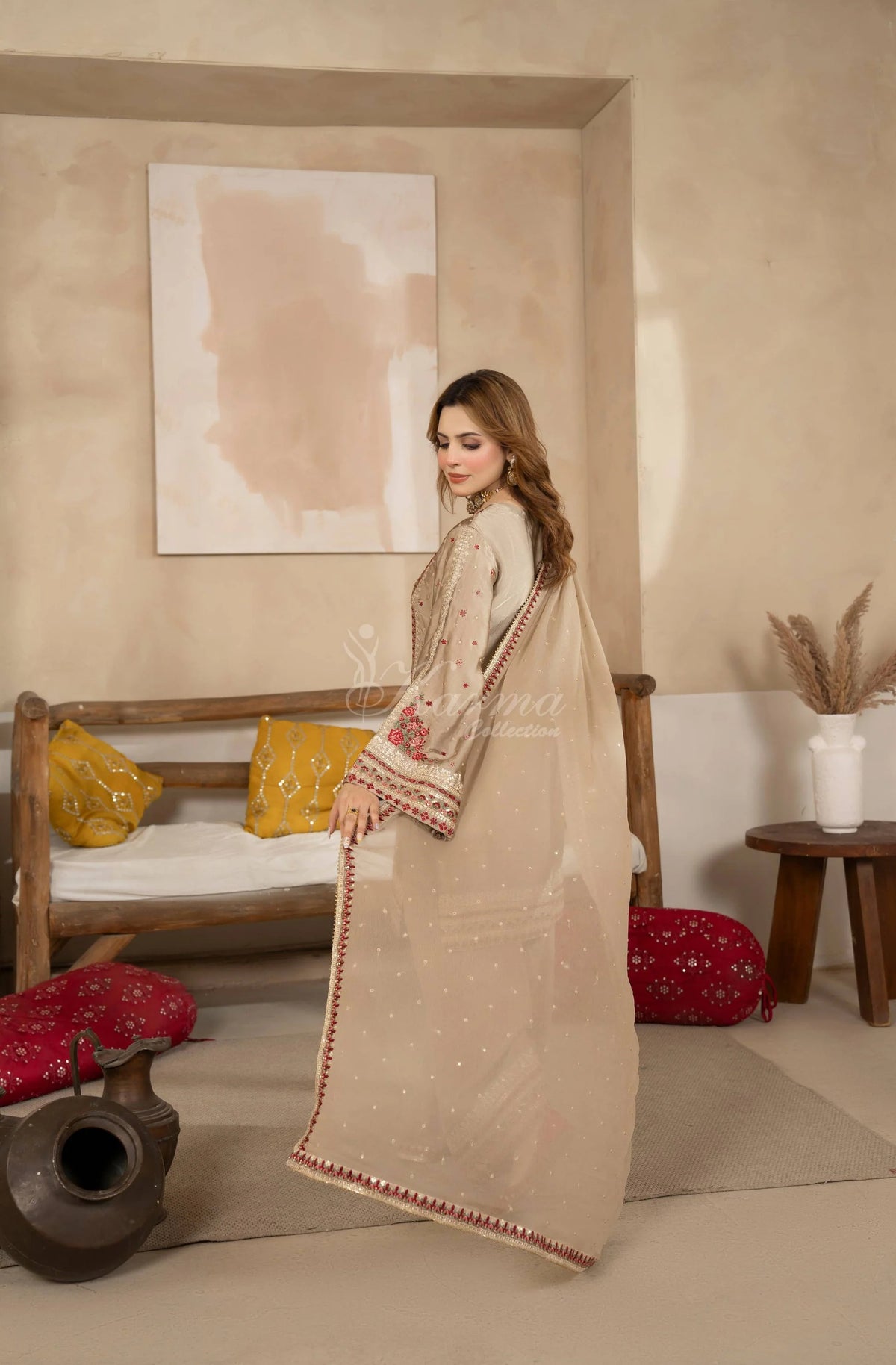 Beige Embroidered Shamoz Silk 3PC Suit