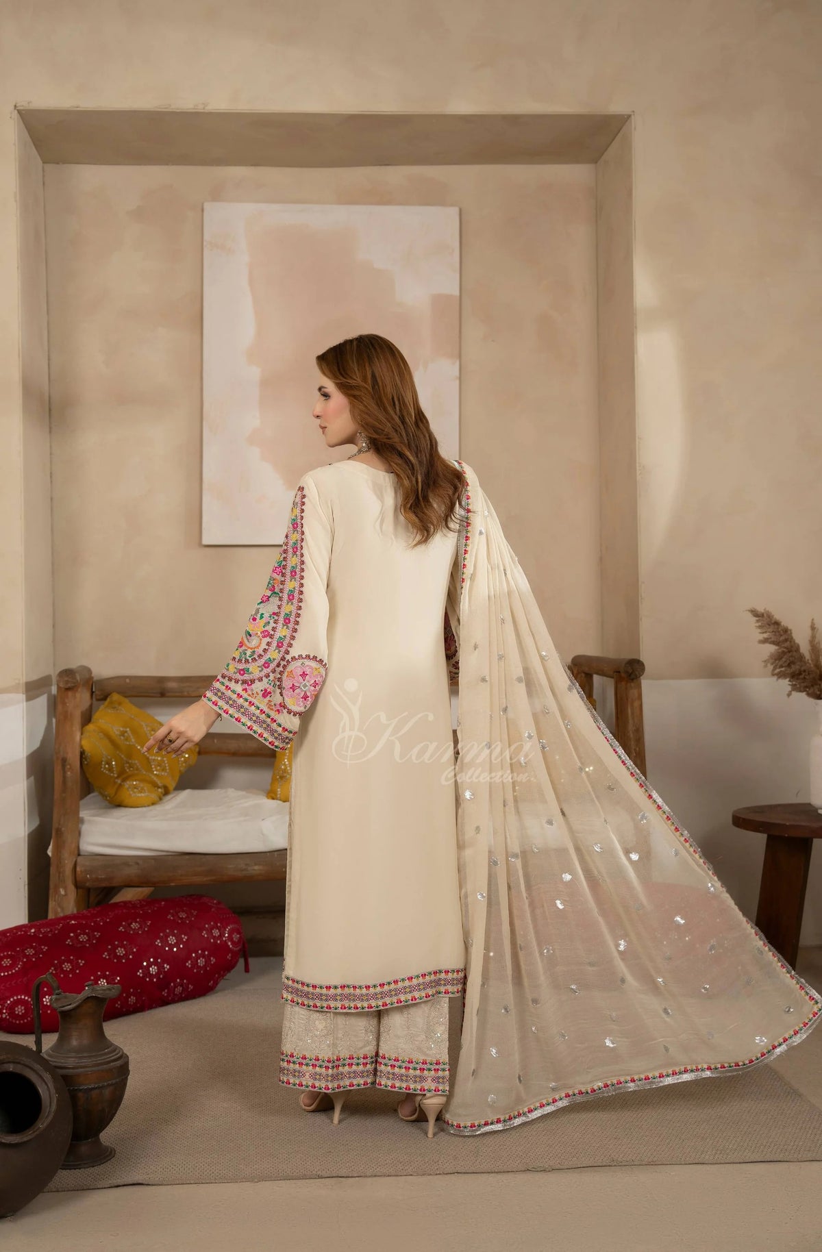 Ivory Elegance - Embroidered Shamoz Silk 3PC Suit