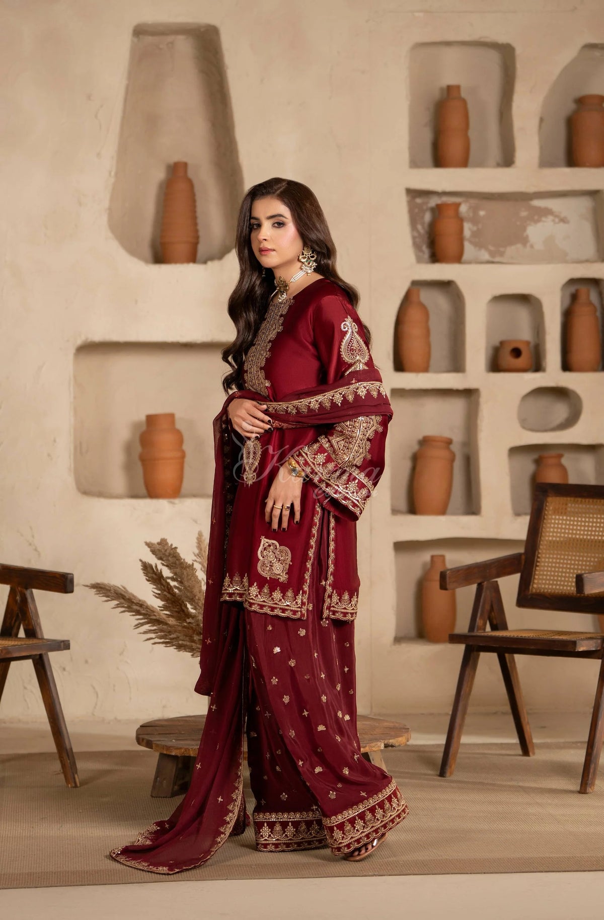 Maroon Embroidered Shamoz Silk 3PC Suit