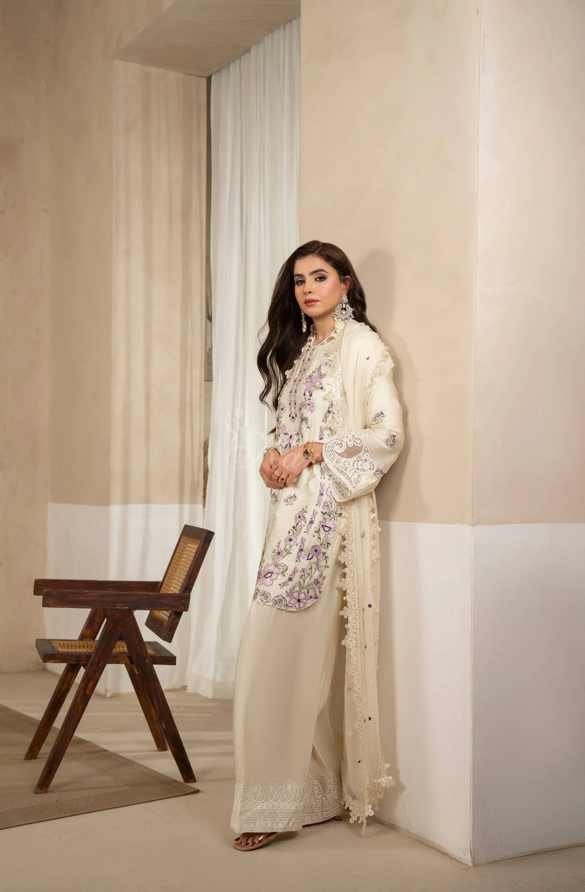Ivory Floral Embroidered Shamoz Silk 3PC Suit