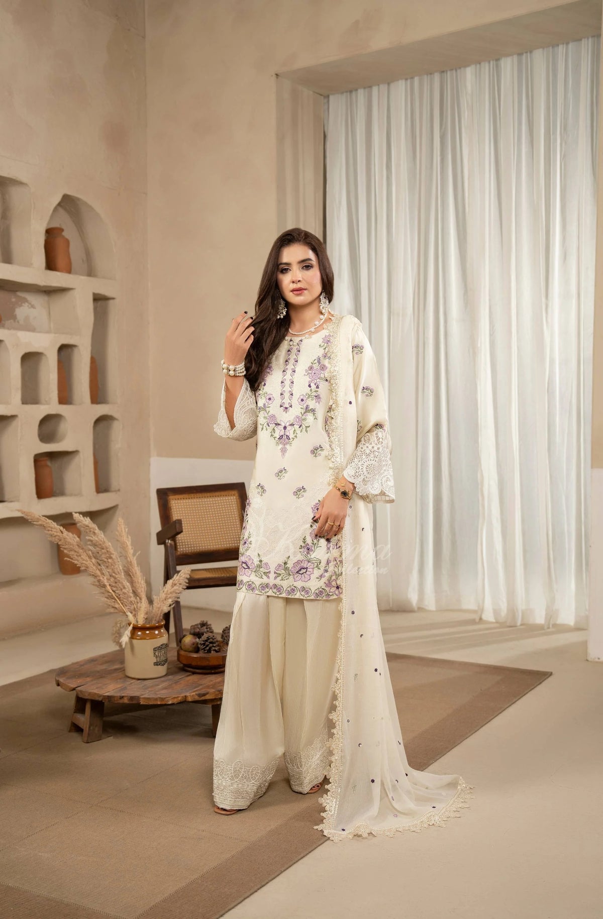 Ivory Floral Embroidered Shamoz Silk 3PC Suit