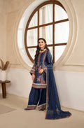 Navy Blue Floral Embroidered Shamoz Silk 3PC Suit