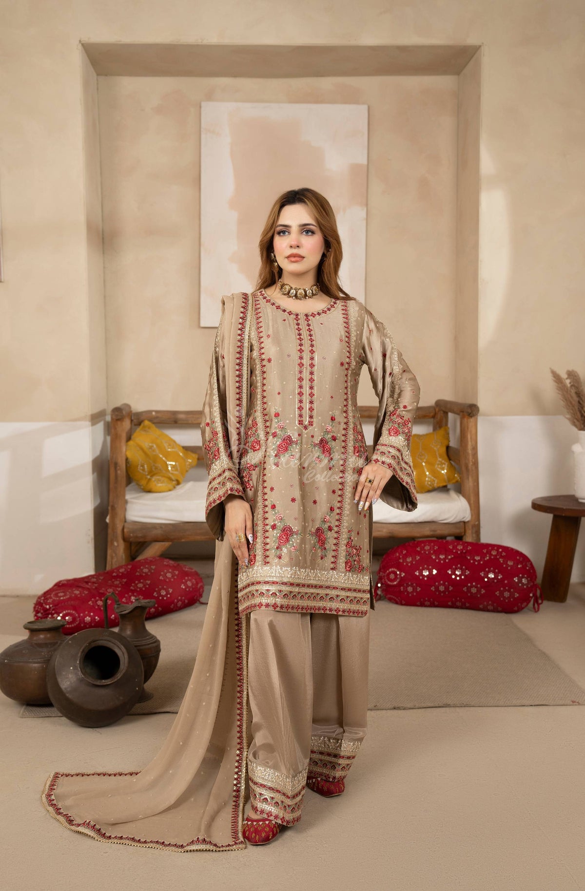Beige Embroidered Shamoz Silk 3PC Suit