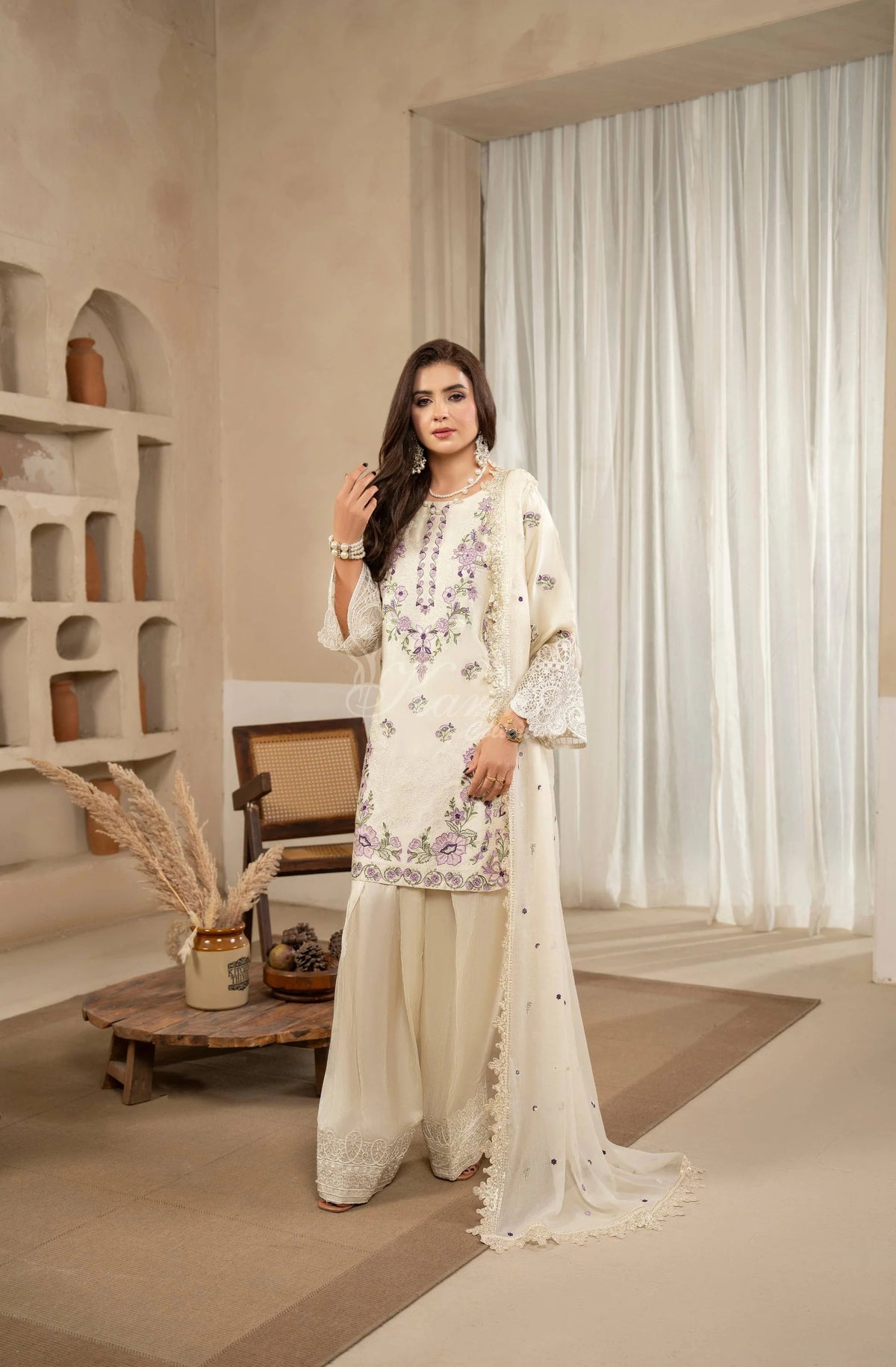 Ivory Floral Embroidered Shamoz Silk 3PC Suit