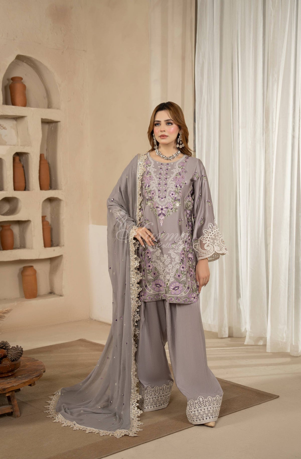 Lavender Grey Floral Embroidered Shamoz Silk 3PC Suit