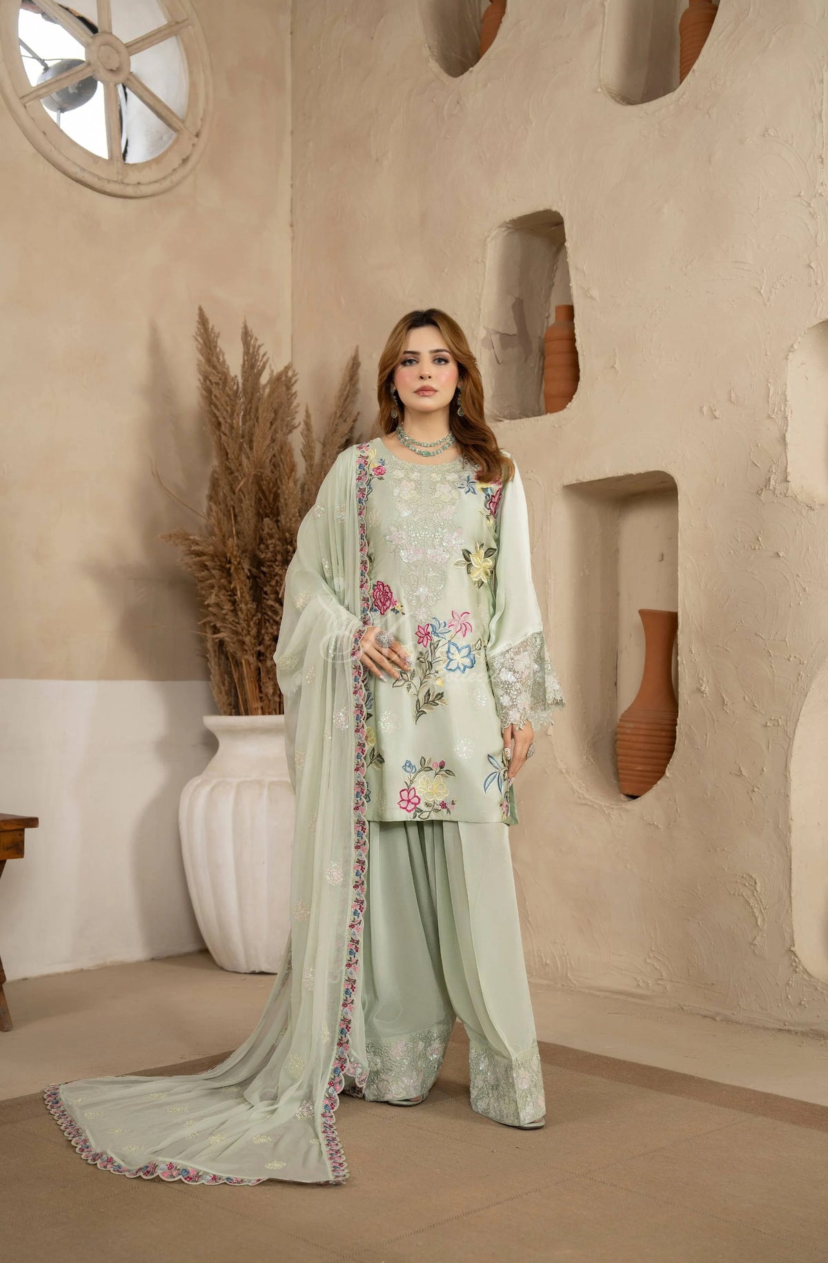 Sage Green Floral Embroidered Shamoz Silk 3PC Suit
