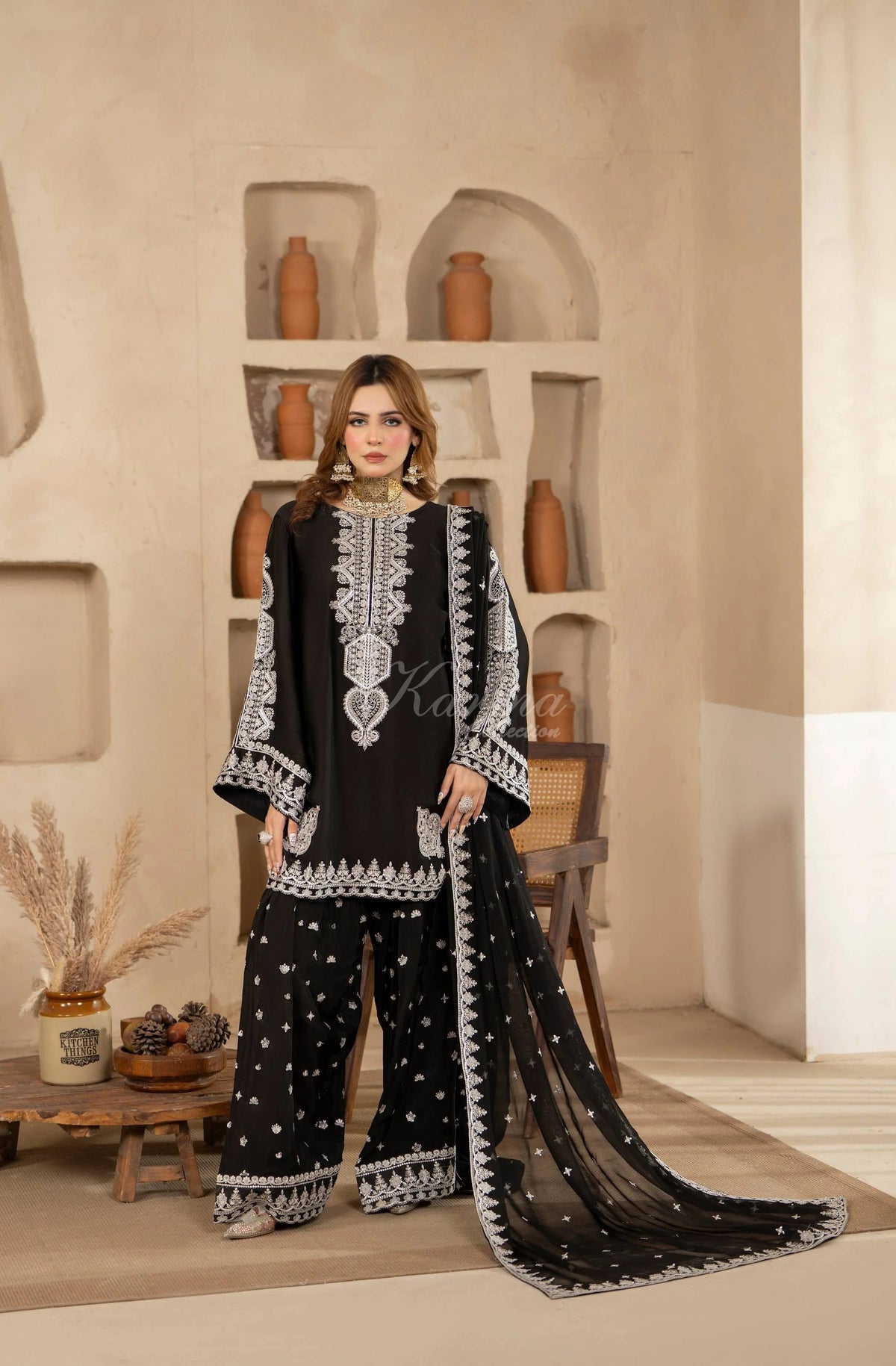 Black Embroidered Shamoz Silk 3PC Suit