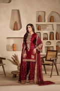 Maroon Embroidered Shamoz Silk 3PC Suit