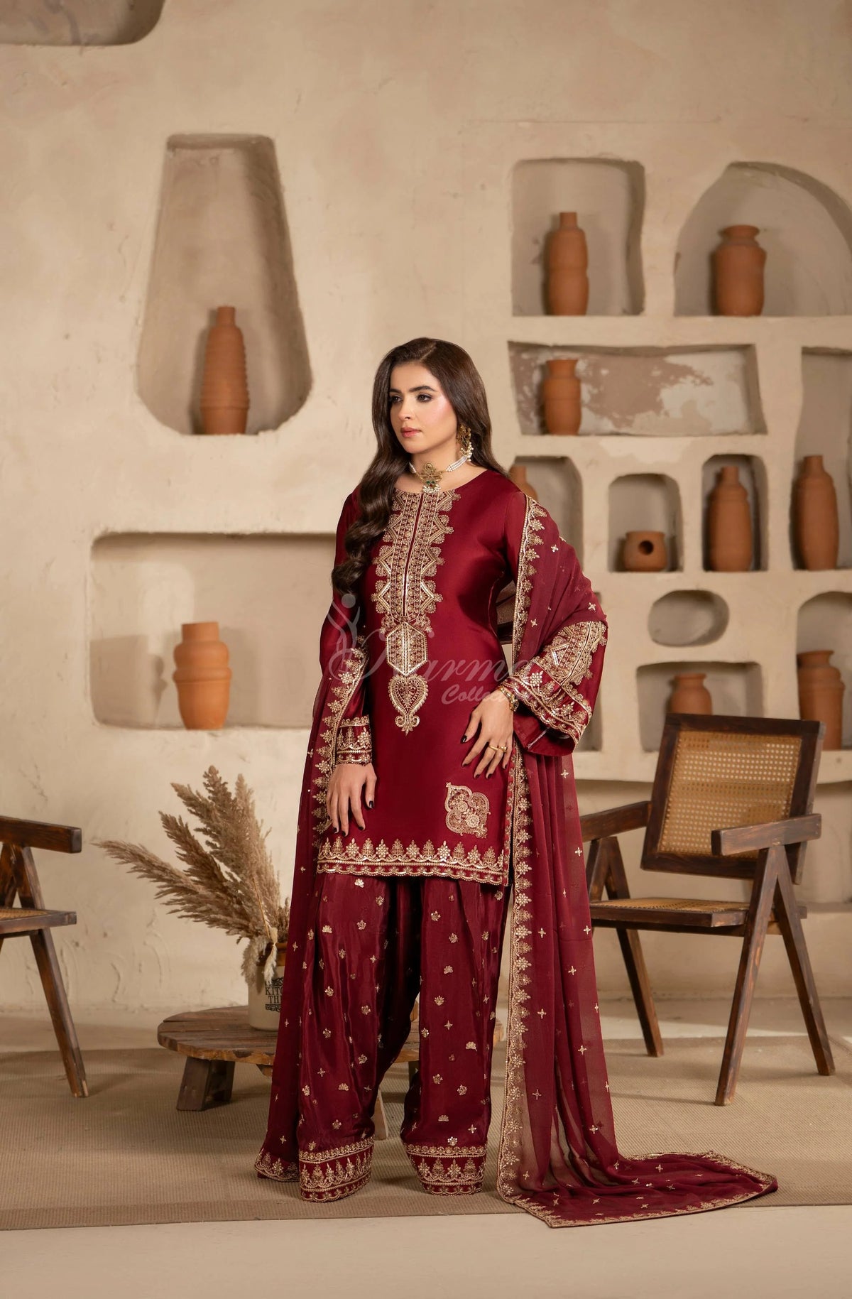 Maroon Embroidered Shamoz Silk 3PC Suit