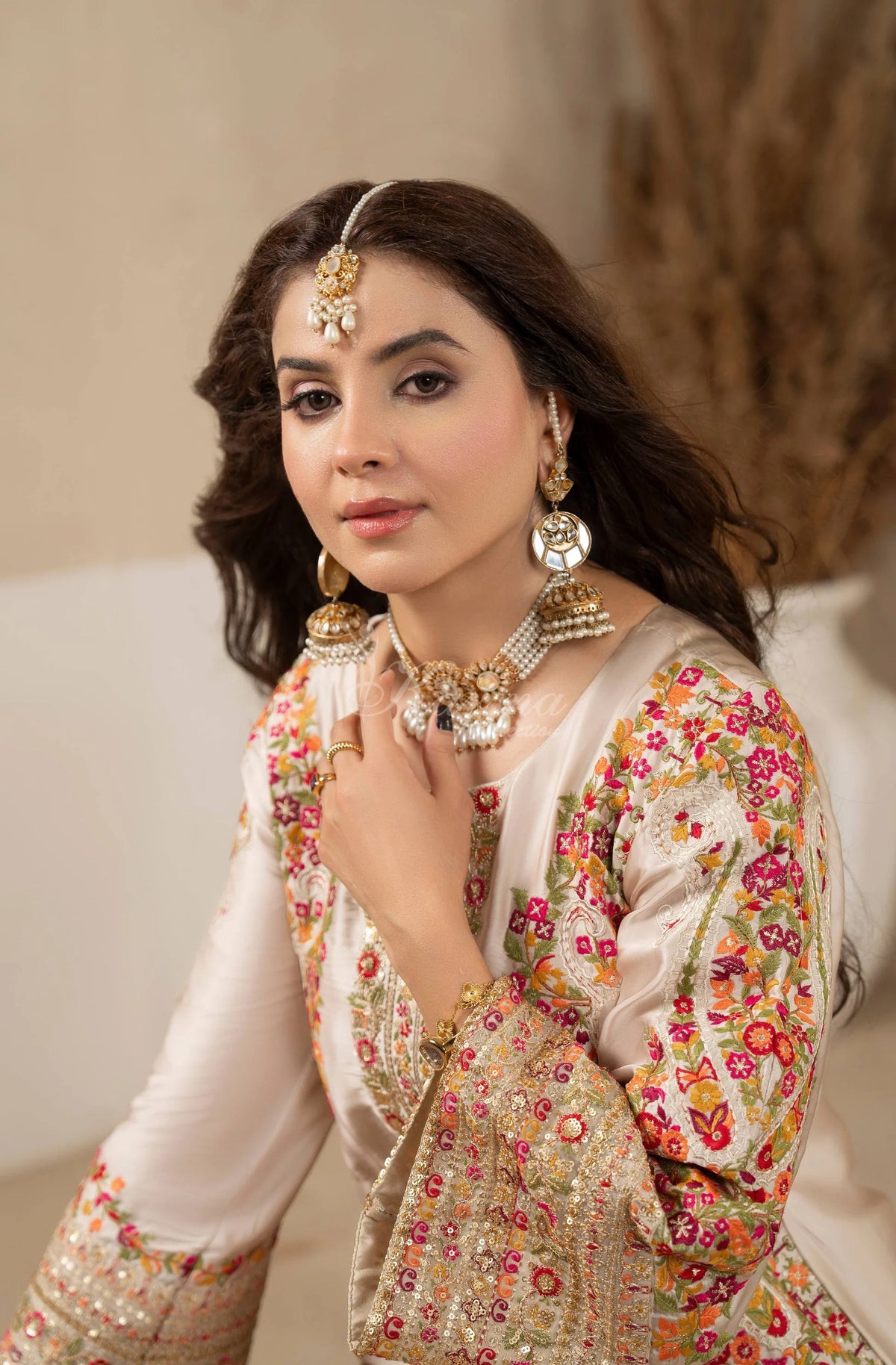Ivory Floral Embroidered Shamoz Silk 3PC Suit