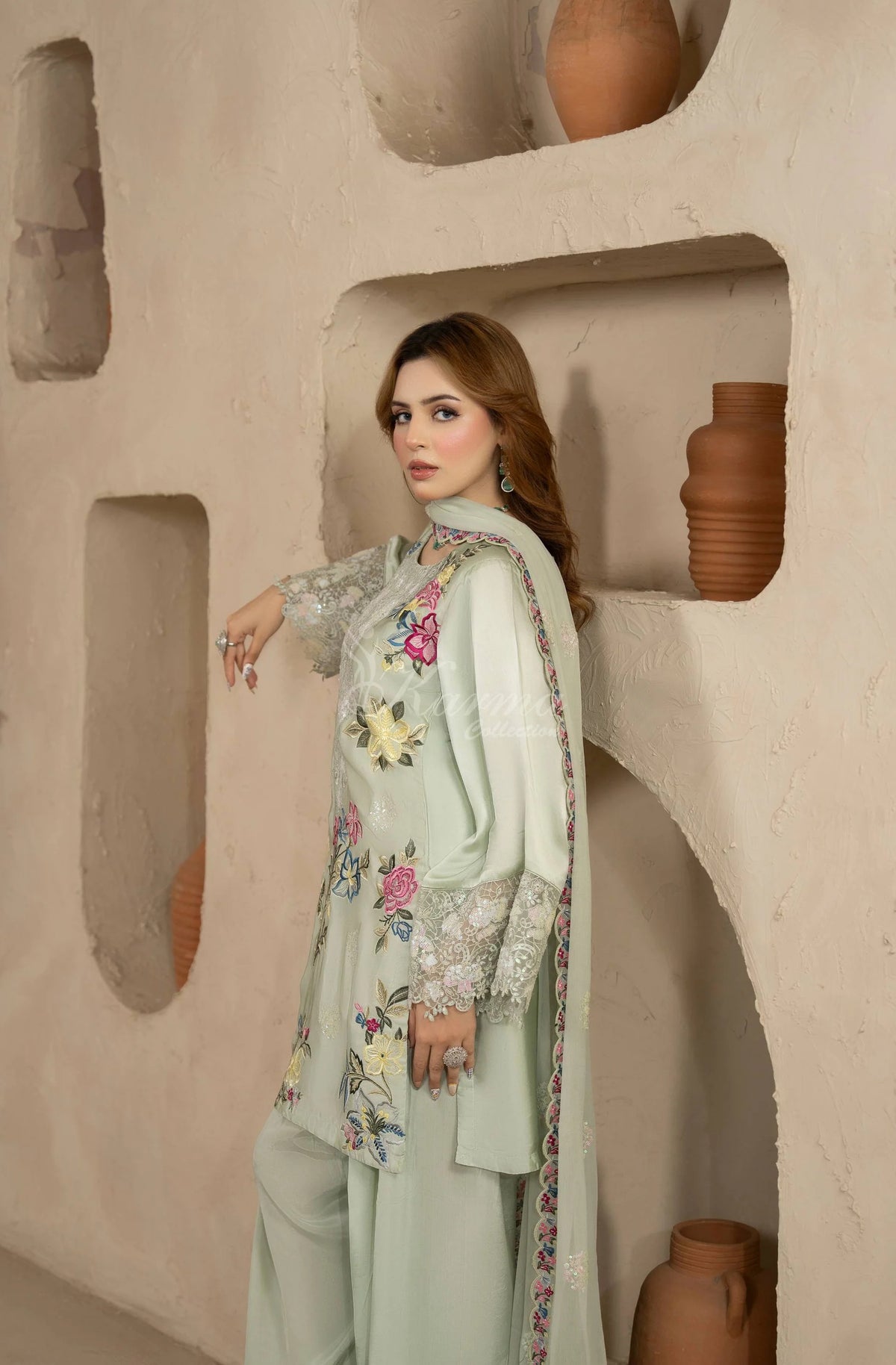 Sage Green Floral Embroidered Shamoz Silk 3PC Suit