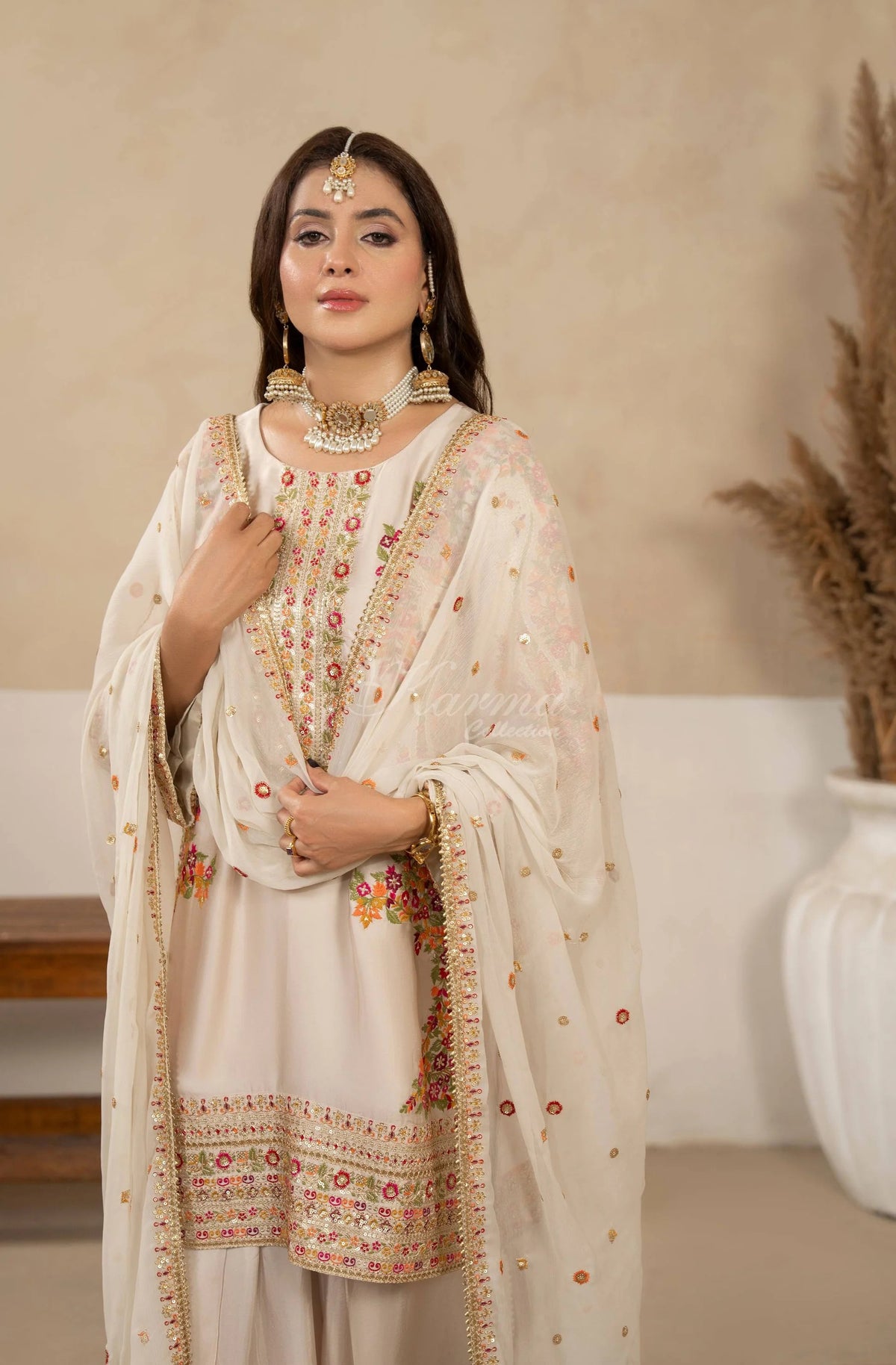 Ivory Floral Embroidered Shamoz Silk 3PC Suit