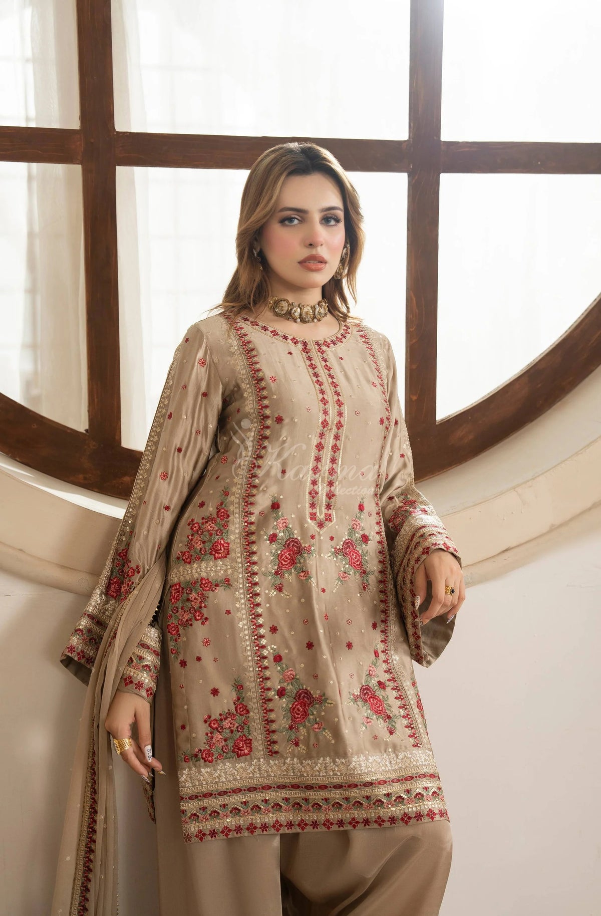 Beige Embroidered Shamoz Silk 3PC Suit