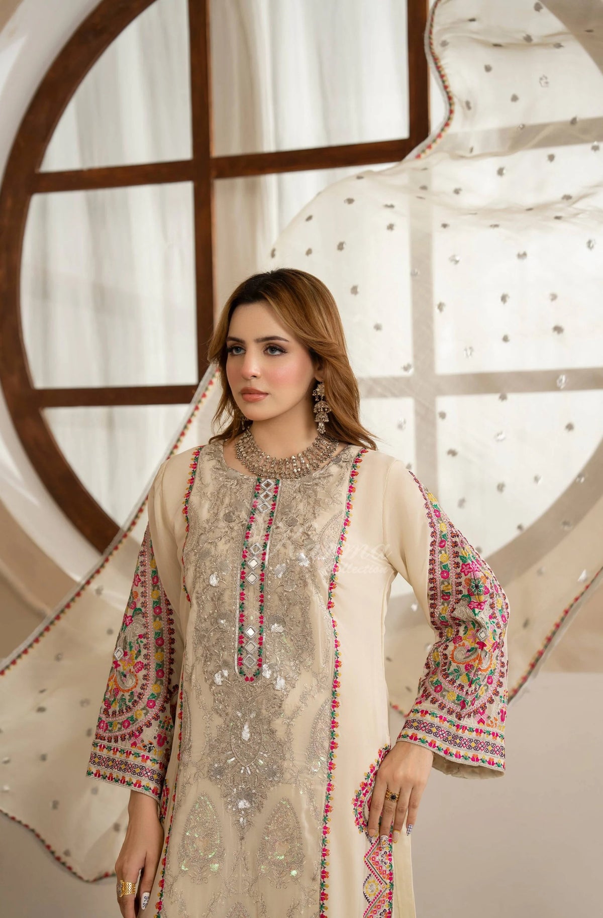 Ivory Elegance - Embroidered Shamoz Silk 3PC Suit