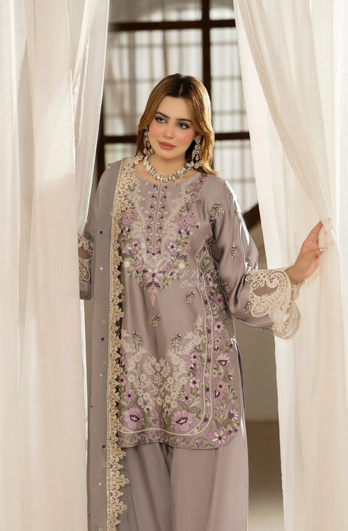 Lavender Grey Floral Embroidered Shamoz Silk 3PC Suit