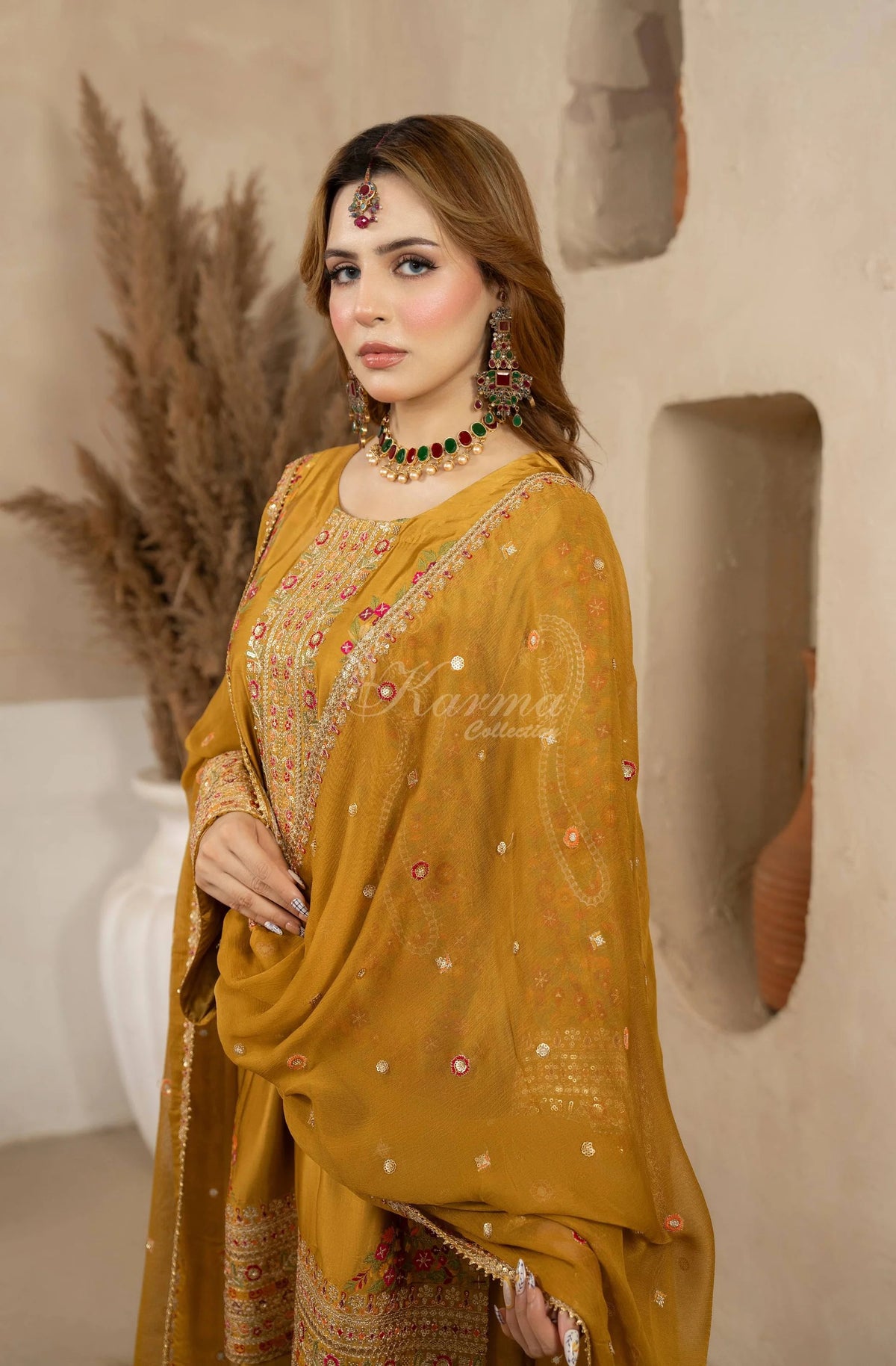 Mustard Gold Embroidered Shamoz Silk 3PC Suit
