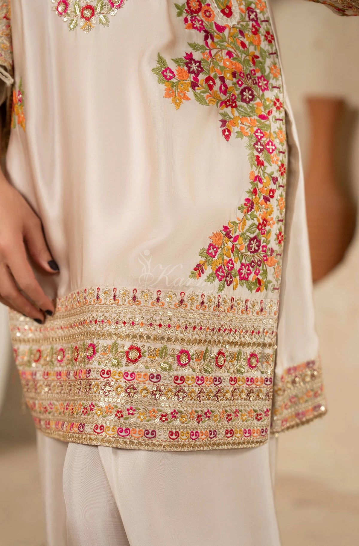 Ivory Floral Embroidered Shamoz Silk 3PC Suit