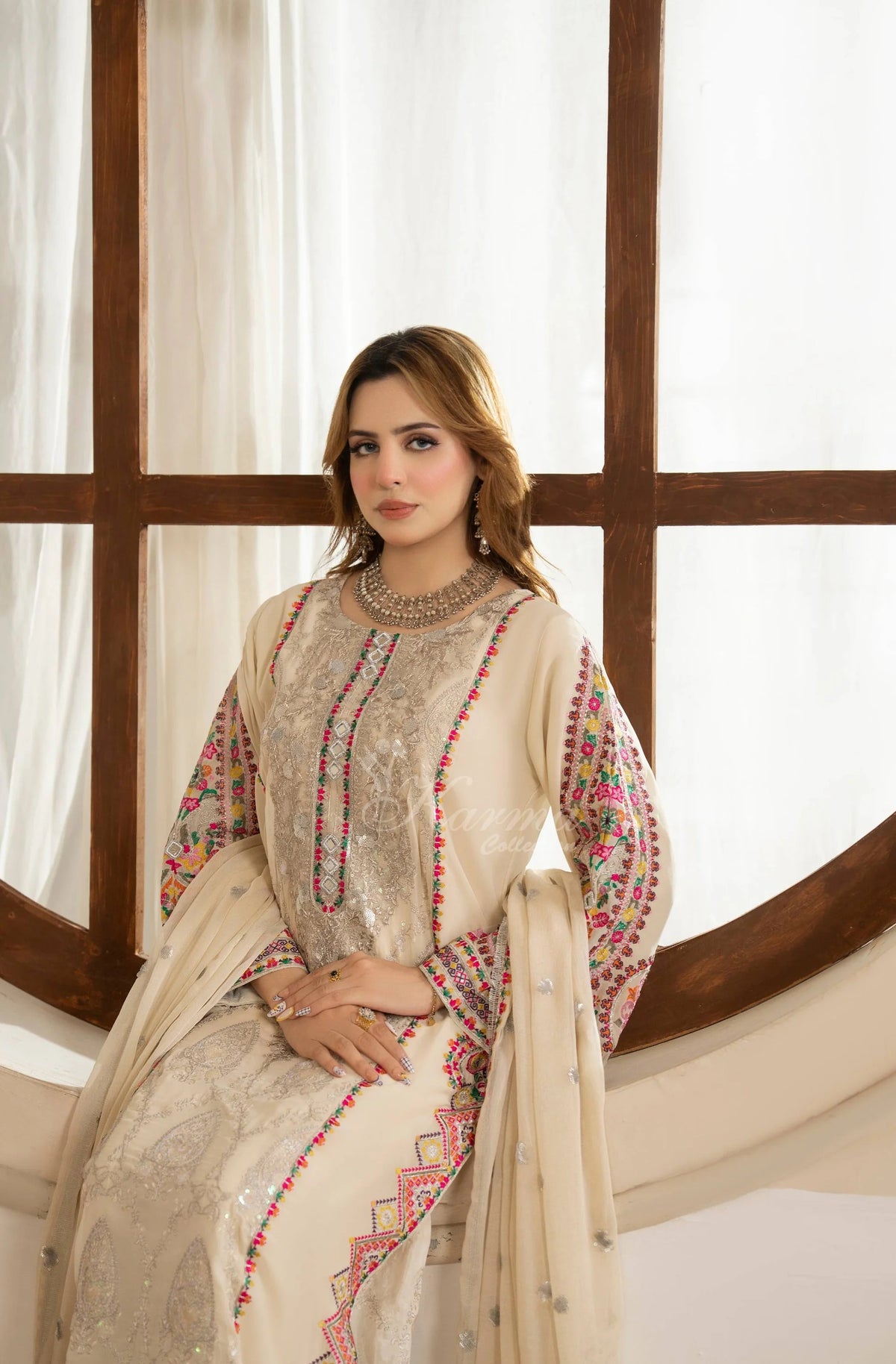 Ivory Elegance - Embroidered Shamoz Silk 3PC Suit