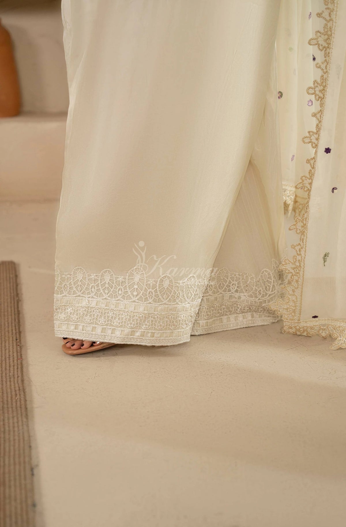 Ivory Floral Embroidered Shamoz Silk 3PC Suit