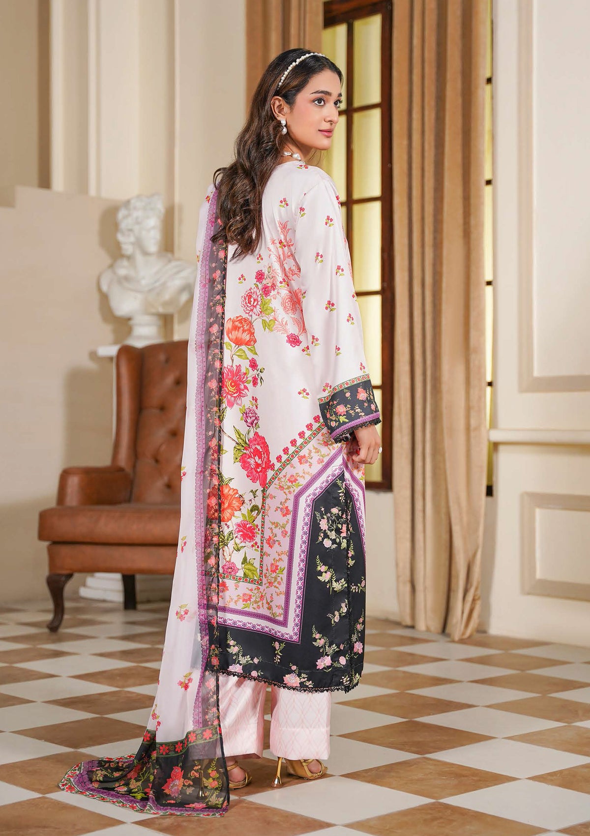 Light Pink Floral Printed 3-Piece Suit with Black Floral Borders