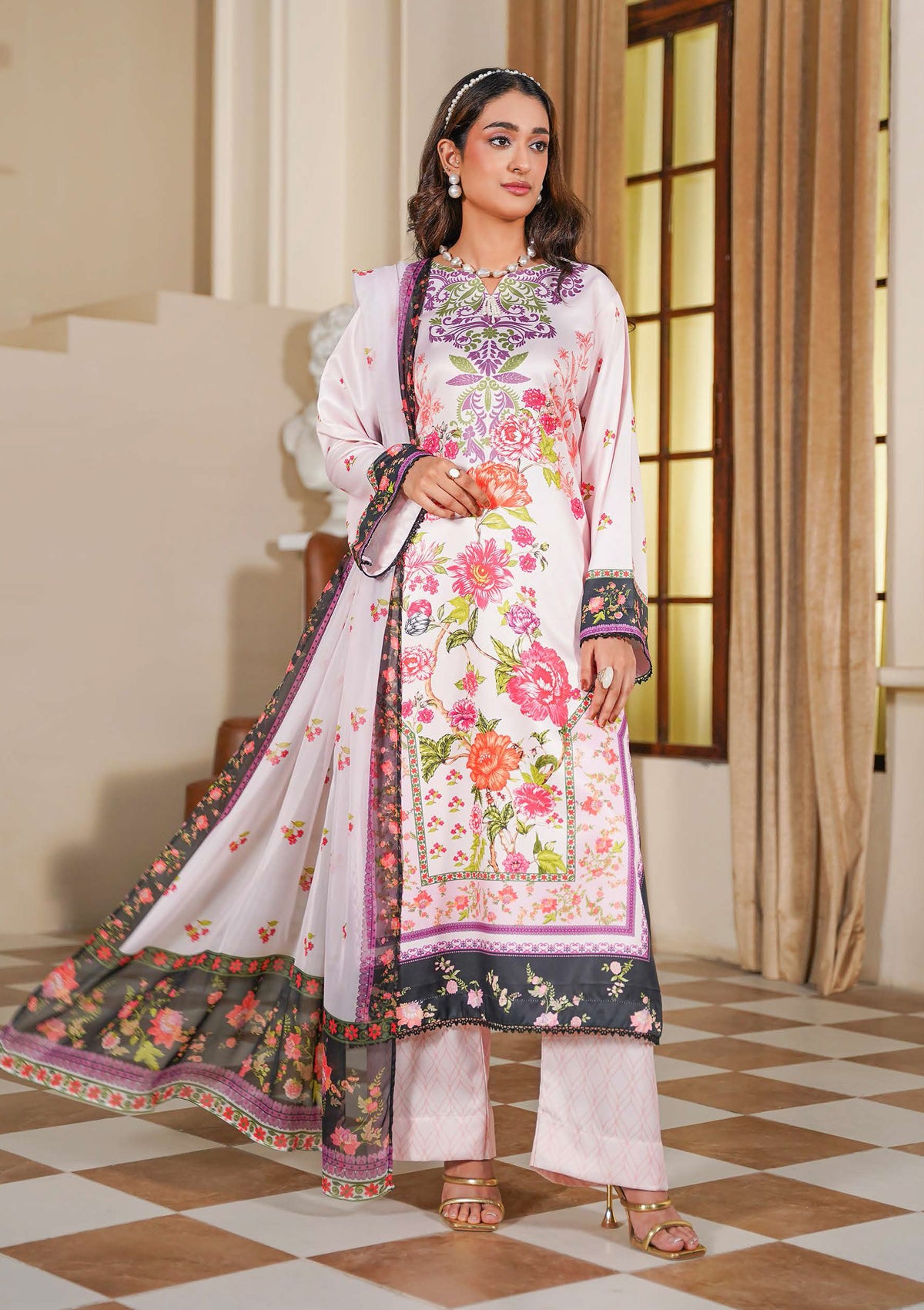 Light Pink Floral Printed 3-Piece Suit with Black Floral Borders
